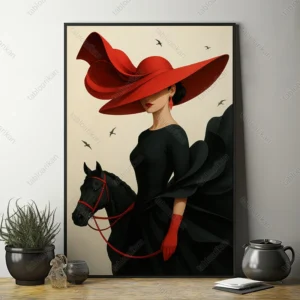 تابلو مدرن دکوراتیو زن با کلاه قرمز و اسب مشکی